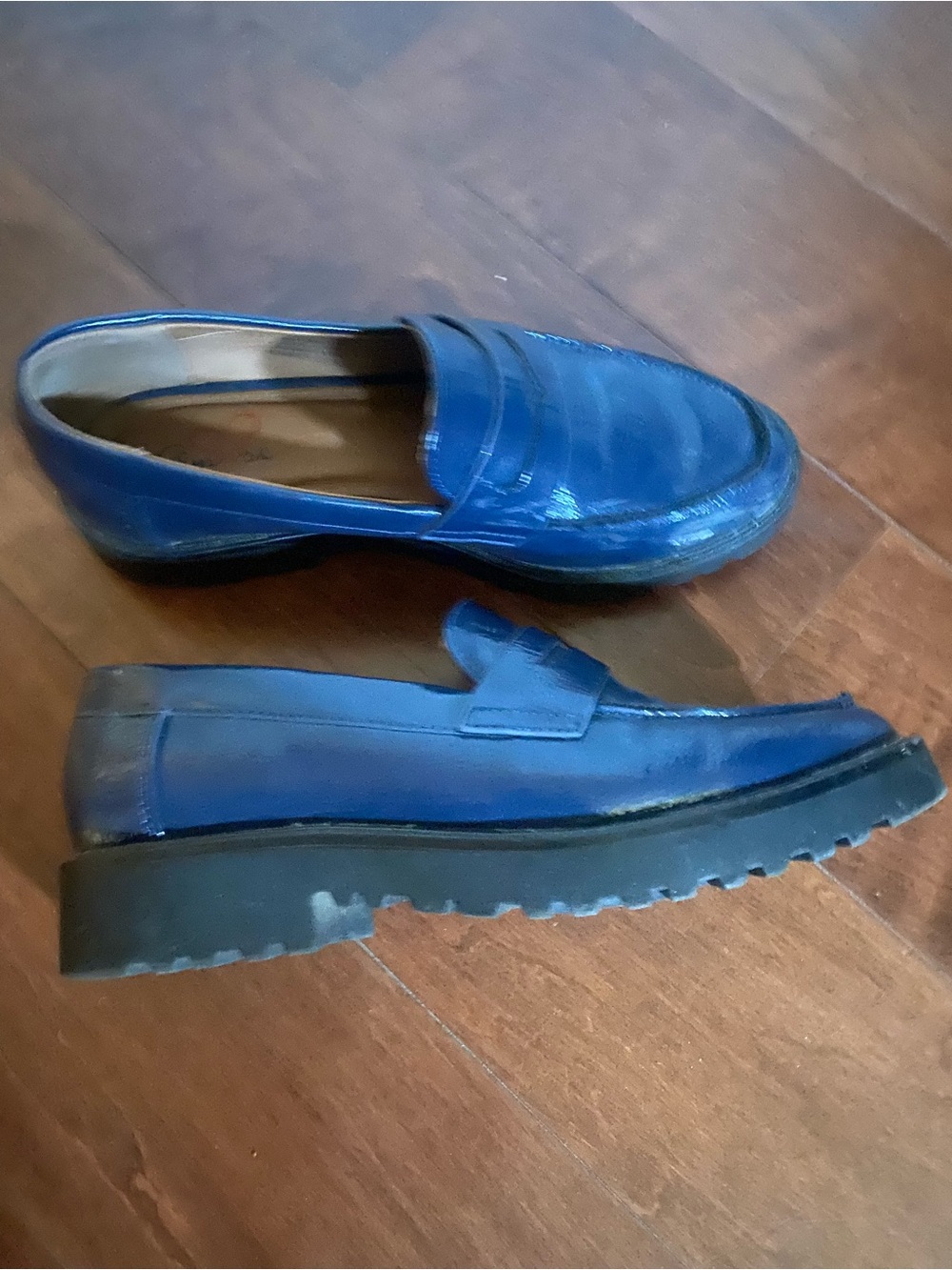 Patent Navy Blue Penny Loafers